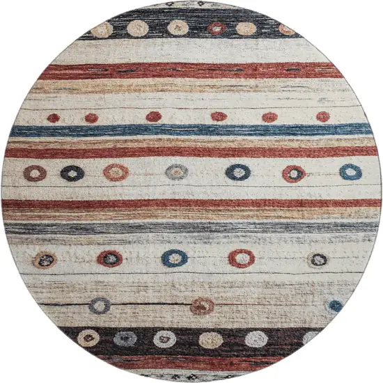 8' Beige Rust And Navy Blue Striped Washable Round Rug With UV Protection Photo 1
