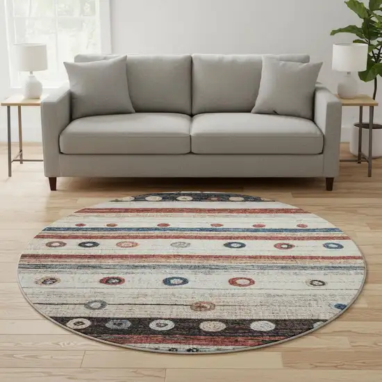 8' Beige Rust And Navy Blue Striped Washable Round Rug With UV Protection Photo 2