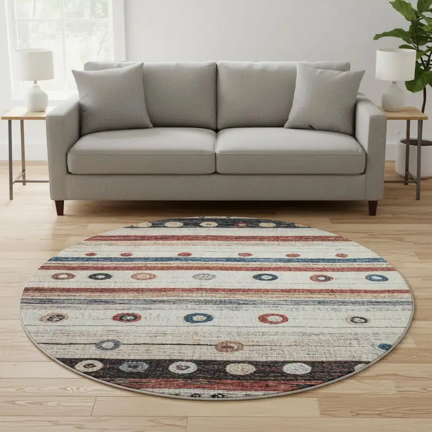 8' Beige Rust And Navy Blue Striped Washable Round Rug With UV Protection Photo 2