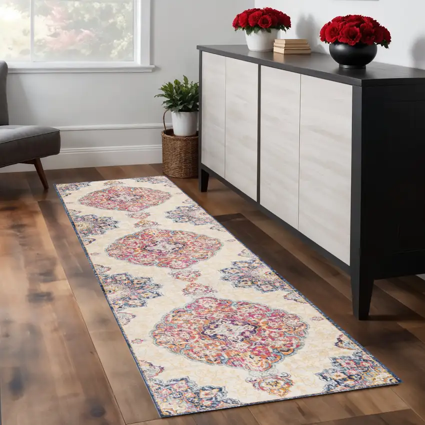 9' Beige Rust And Purple Medallion Runner Rug Photo 1