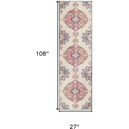 9' Beige Rust And Purple Medallion Runner Rug Photo 5