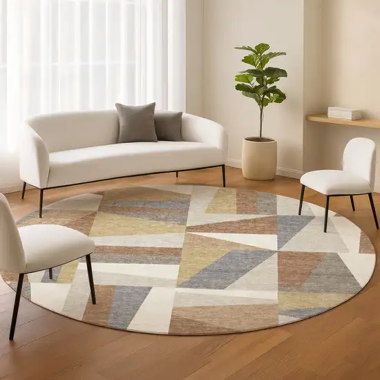 8' Beige Rust And Taupe Round Geometric Washable Indoor Outdoor Area Rug Photo 8