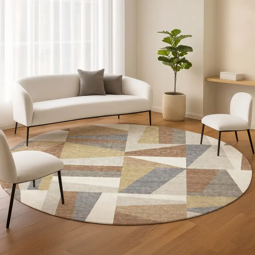 8' Beige Rust And Taupe Round Geometric Washable Indoor Outdoor Area Rug Photo 8