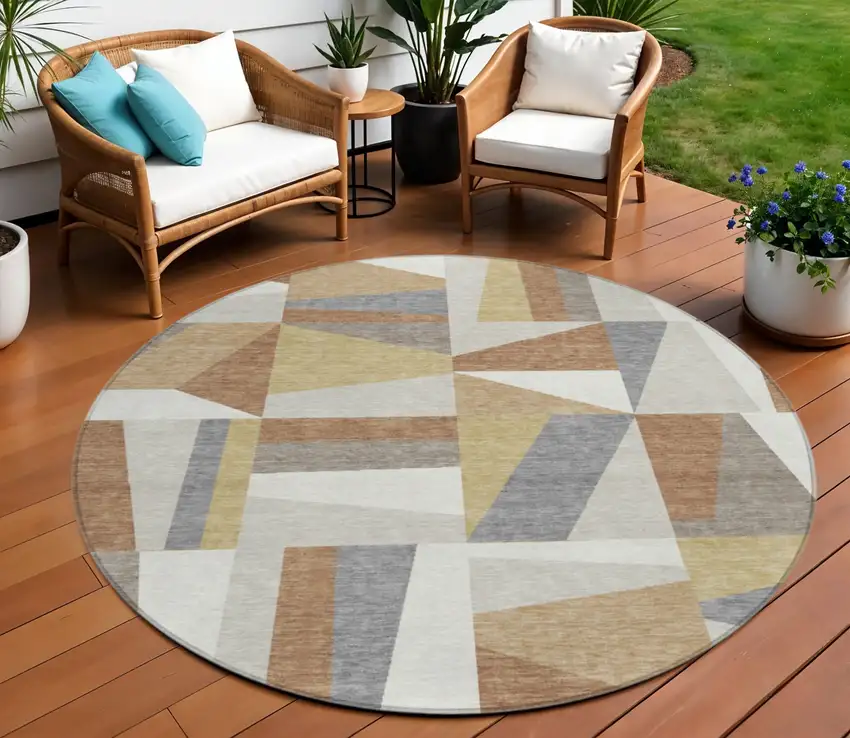 8' Beige Rust And Taupe Round Geometric Washable Indoor Outdoor Area Rug Photo 1