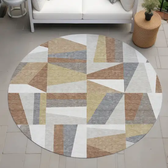 8' Beige Rust And Taupe Round Geometric Washable Indoor Outdoor Area Rug Photo 7