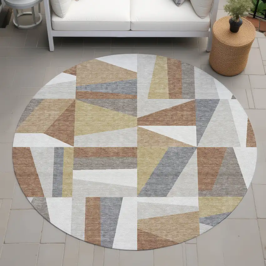 8' Beige Rust And Taupe Round Geometric Washable Indoor Outdoor Area Rug Photo 7