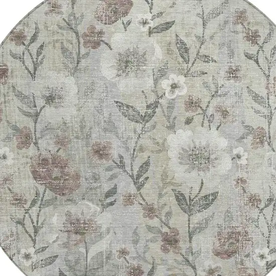 8' Beige Sage And Brown Round Floral Washable Indoor Outdoor Area Rug Photo 2