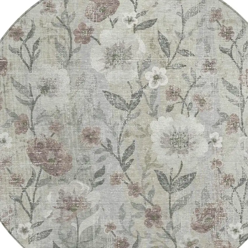 8' Beige Sage And Brown Round Floral Washable Indoor Outdoor Area Rug Photo 2