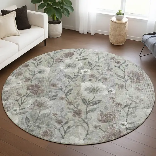 8' Beige Sage And Brown Round Floral Washable Indoor Outdoor Area Rug Photo 5