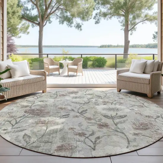 8' Beige Sage And Brown Round Floral Washable Indoor Outdoor Area Rug Photo 4