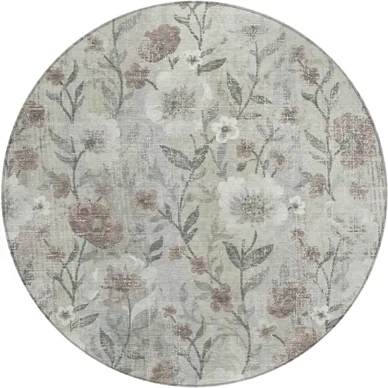 8' Beige Sage And Brown Round Floral Washable Indoor Outdoor Area Rug Photo 1