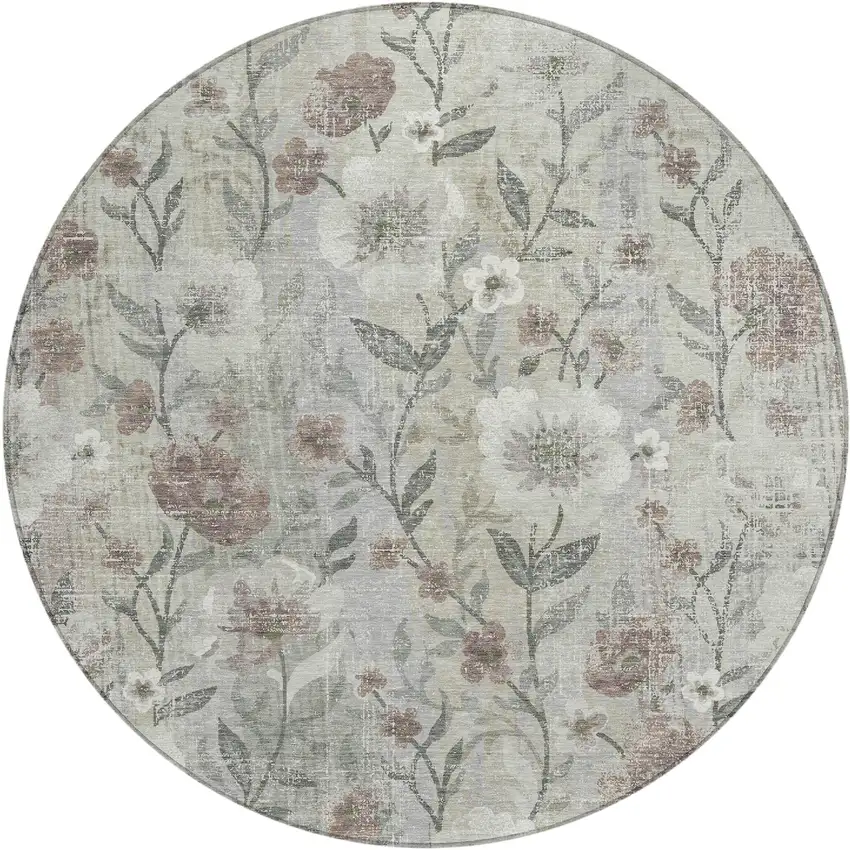 8' Beige Sage And Brown Round Floral Washable Indoor Outdoor Area Rug Photo 1