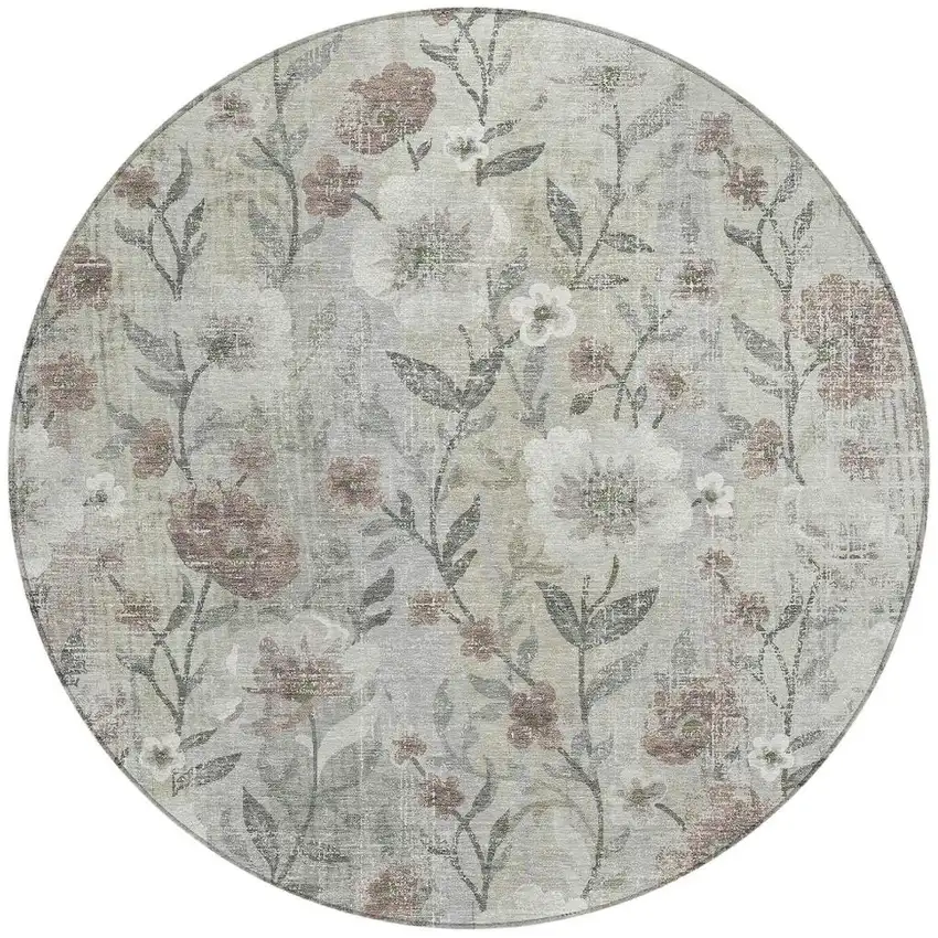 8' Beige Sage And Brown Round Floral Washable Indoor Outdoor Area Rug Photo 3