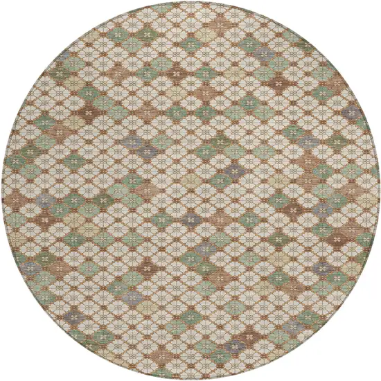 8' Beige Sage And Denim Blue Round Geometric Washable Indoor Outdoor Area Rug Photo 1