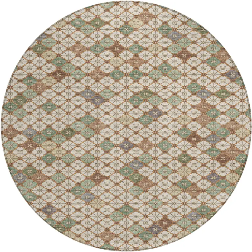 8' Beige Sage And Denim Blue Round Geometric Washable Indoor Outdoor Area Rug Photo 1