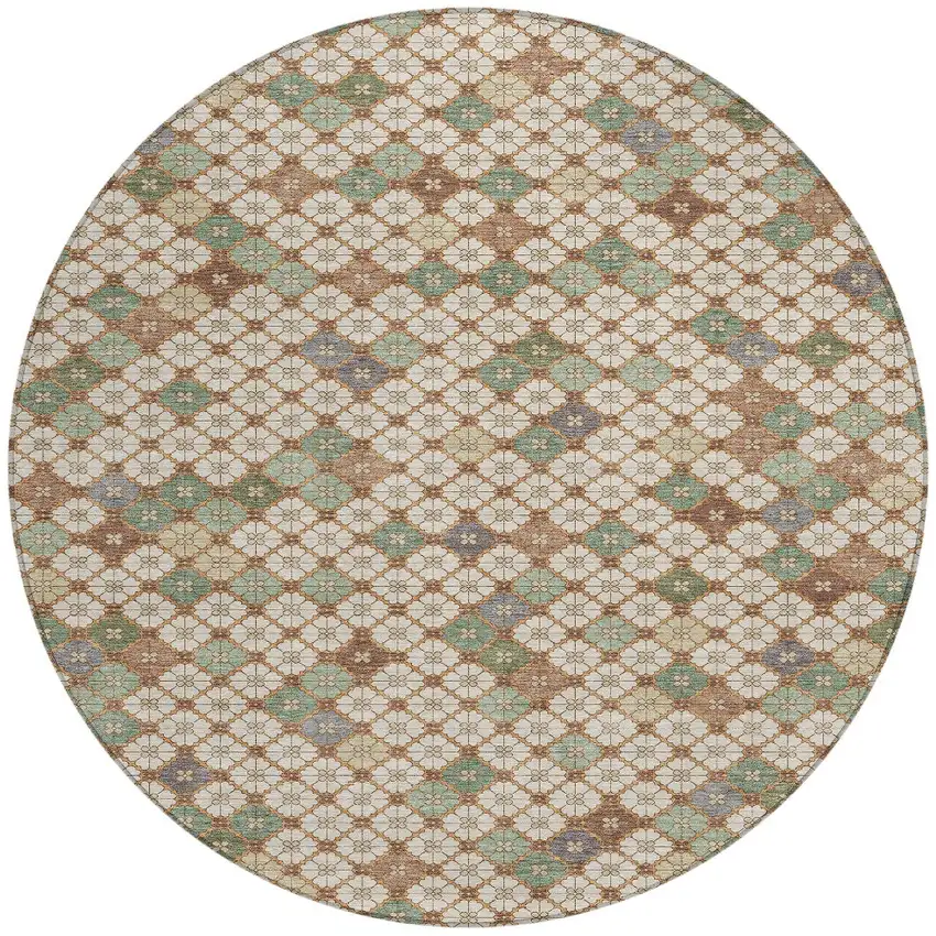 8' Beige Sage And Denim Blue Round Geometric Washable Indoor Outdoor Area Rug Photo 3