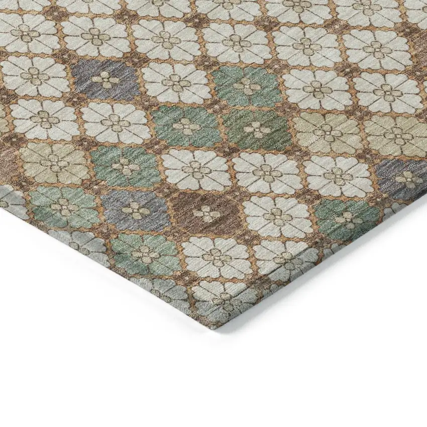 8' Beige Sage And Denim Blue Round Geometric Washable Indoor Outdoor Area Rug Photo 8