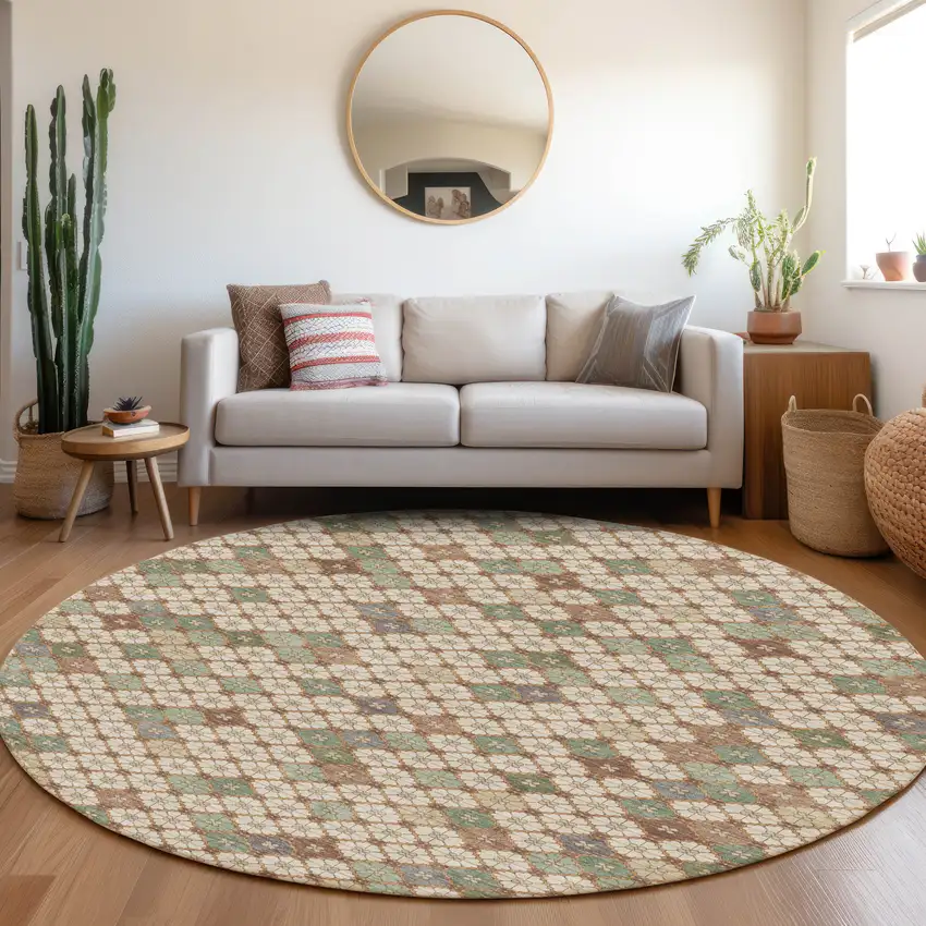8' Beige Sage And Denim Blue Round Geometric Washable Indoor Outdoor Area Rug Photo 6