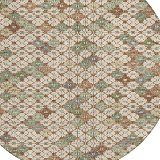 8' Beige Sage And Denim Blue Round Geometric Washable Indoor Outdoor Area Rug Photo 4