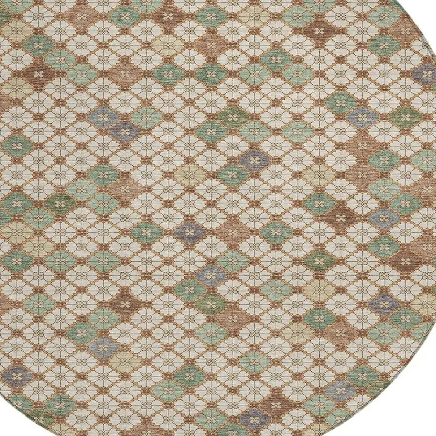 8' Beige Sage And Denim Blue Round Geometric Washable Indoor Outdoor Area Rug Photo 4