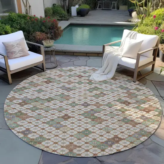 8' Beige Sage And Denim Blue Round Geometric Washable Indoor Outdoor Area Rug Photo 5