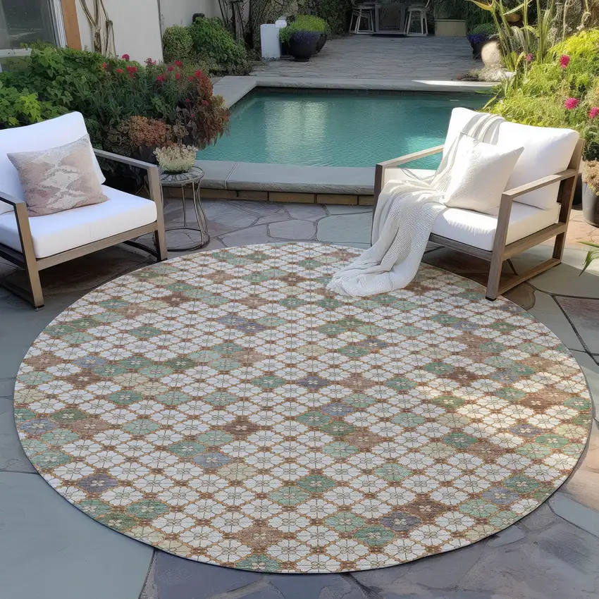 8' Beige Sage And Denim Blue Round Geometric Washable Indoor Outdoor Area Rug Photo 5