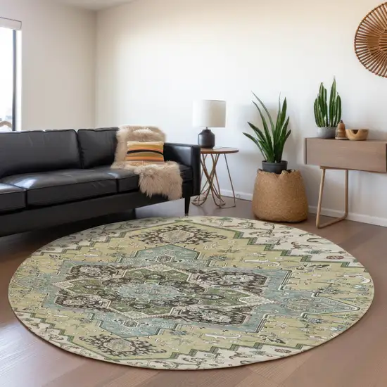 8' Beige Sage And Ivory Oriental Washable Round Rug With UV Protection Photo 4