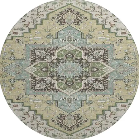 8' Beige Sage And Ivory Oriental Washable Round Rug With UV Protection Photo 2