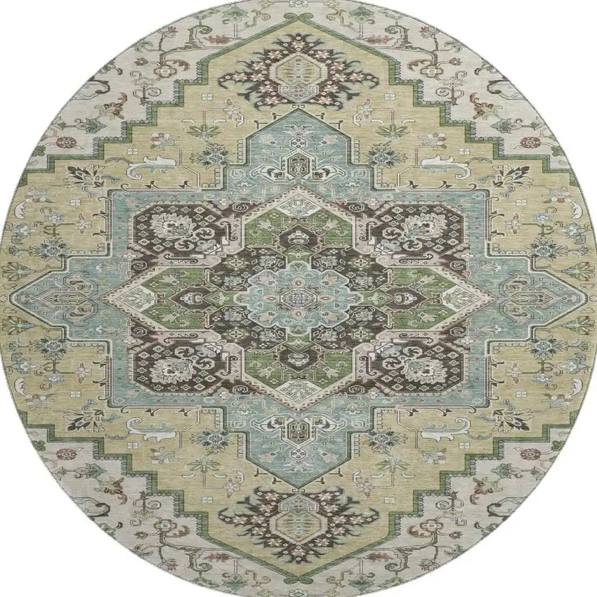 8' Beige Sage And Ivory Oriental Washable Round Rug With UV Protection Photo 2