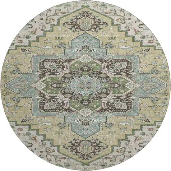8' Beige Sage And Ivory Oriental Washable Round Rug With UV Protection Photo 1
