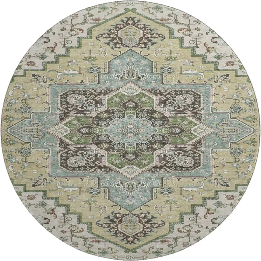 8' Beige Sage And Ivory Oriental Washable Round Rug With UV Protection Photo 1