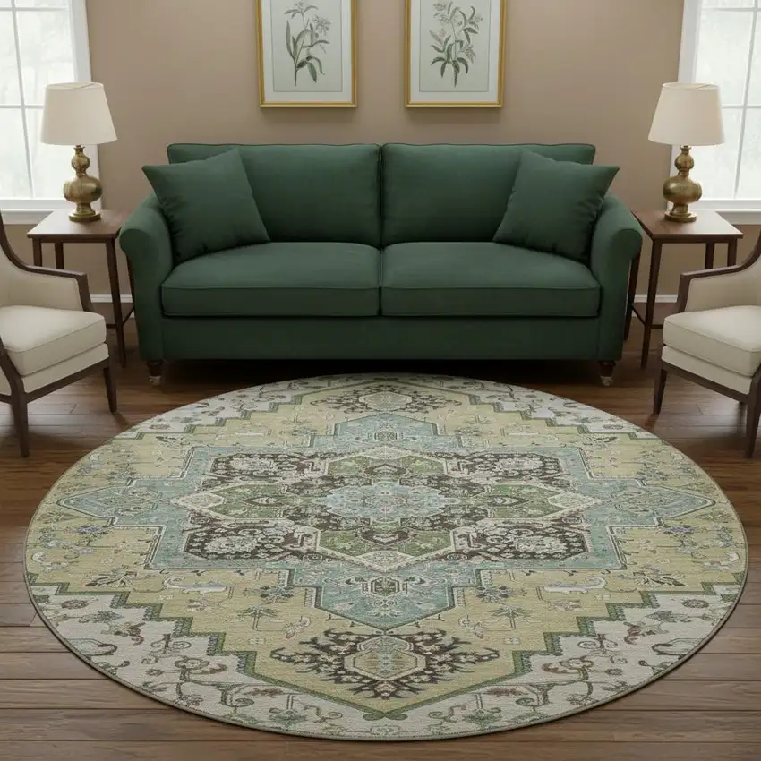 8' Beige Sage And Ivory Oriental Washable Round Rug With UV Protection Photo 2