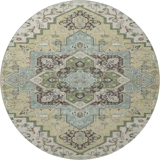 8' Beige Sage And Ivory Oriental Washable Round Rug With UV Protection Photo 3