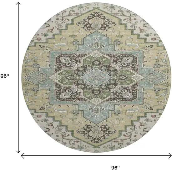 8' Beige Sage And Ivory Oriental Washable Round Rug With UV Protection Photo 9