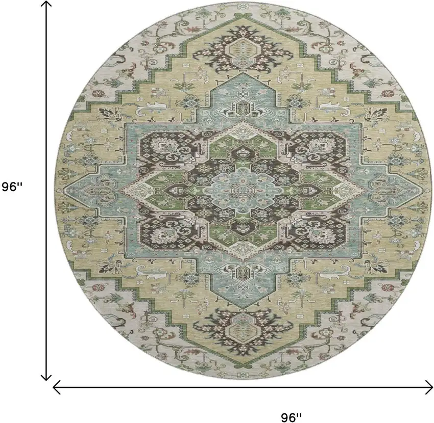 8' Beige Sage And Ivory Oriental Washable Round Rug With UV Protection Photo 9