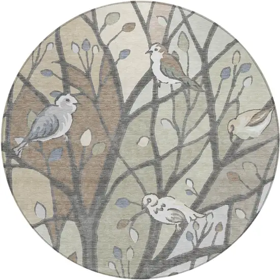 8' Beige Sage And Khaki Round Botanical Leaves Washable Indoor Outdoor Area Rug Photo 2