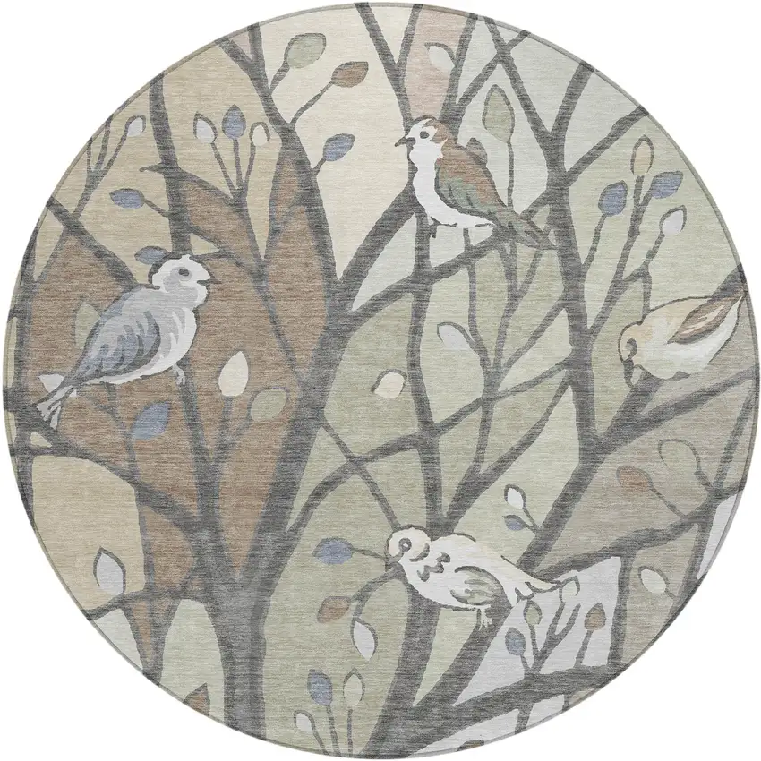 8' Beige Sage And Khaki Round Botanical Leaves Washable Indoor Outdoor Area Rug Photo 2