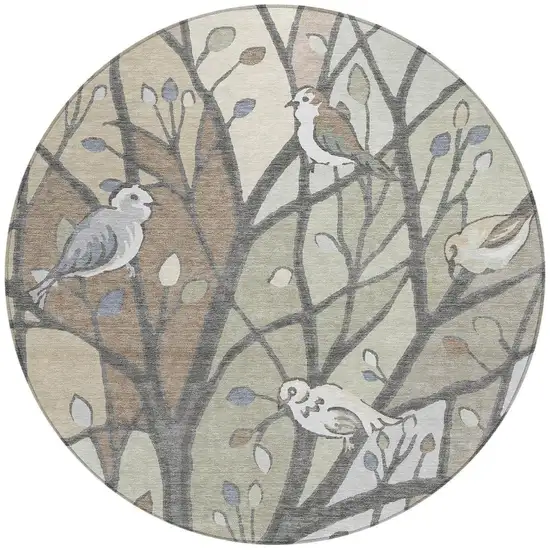 8' Beige Sage And Khaki Round Botanical Leaves Washable Indoor Outdoor Area Rug Photo 4