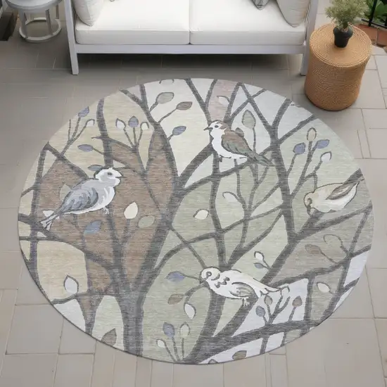 8' Beige Sage And Khaki Round Botanical Leaves Washable Indoor Outdoor Area Rug Photo 8