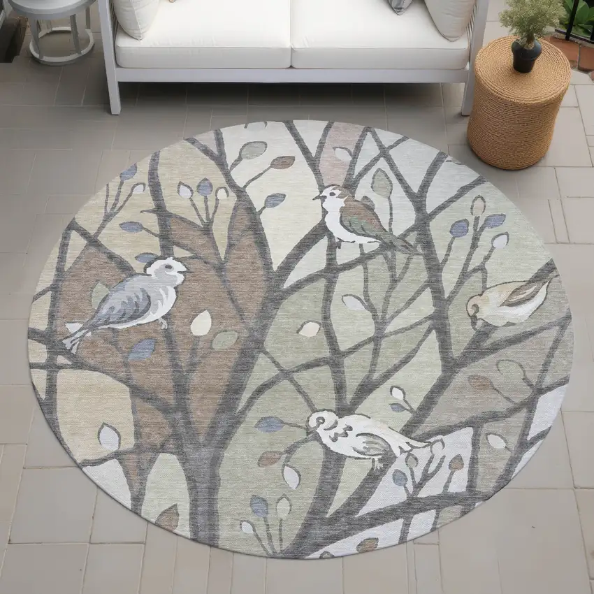8' Beige Sage And Khaki Round Botanical Leaves Washable Indoor Outdoor Area Rug Photo 8
