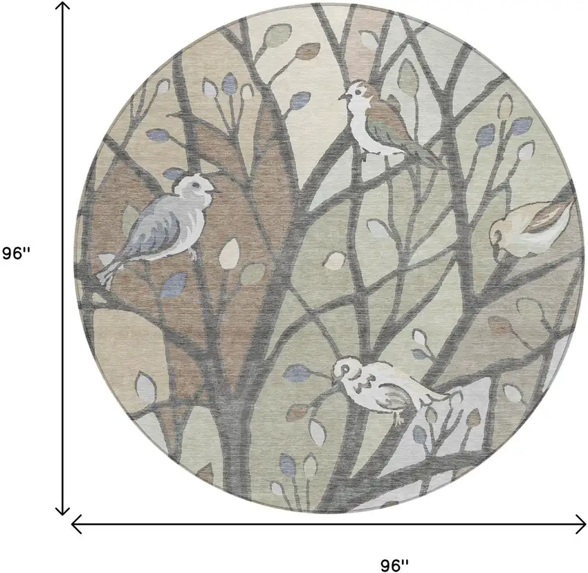 8' Beige Sage And Khaki Round Botanical Leaves Washable Indoor Outdoor Area Rug Photo 3