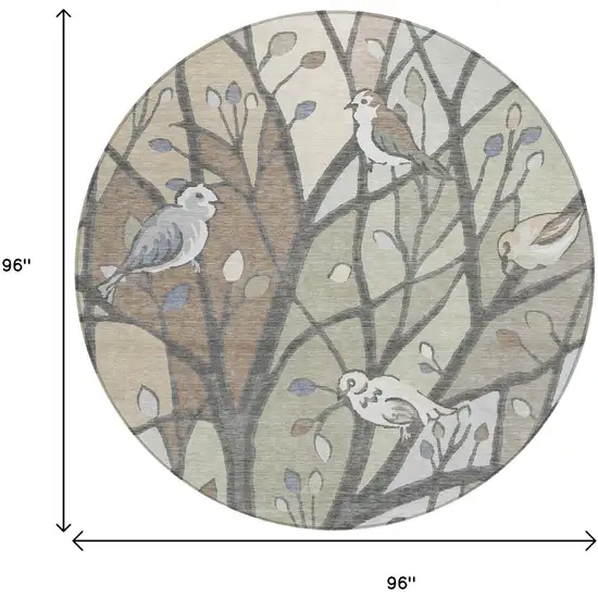 8' Beige Sage And Khaki Round Botanical Leaves Washable Indoor Outdoor Area Rug Photo 3