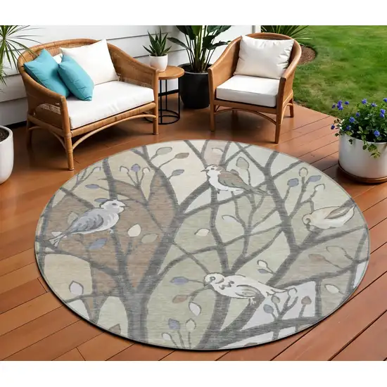 8' Beige Sage And Khaki Round Botanical Leaves Washable Indoor Outdoor Area Rug Photo 1