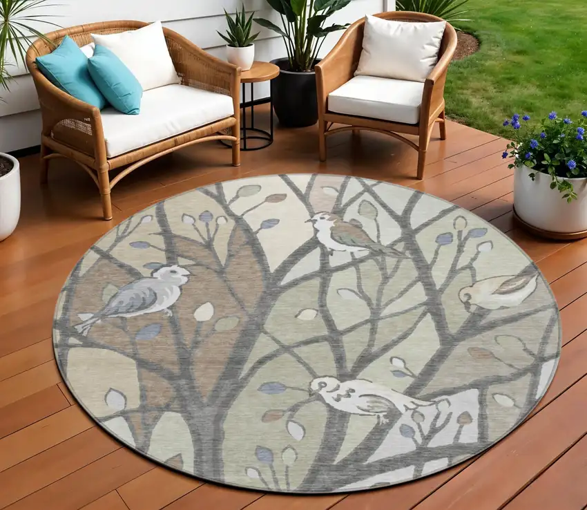 8' Beige Sage And Khaki Round Botanical Leaves Washable Indoor Outdoor Area Rug Photo 1