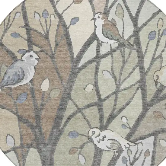 8' Beige Sage And Khaki Round Botanical Leaves Washable Indoor Outdoor Area Rug Photo 7