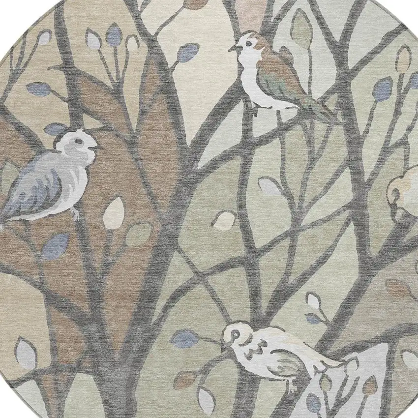 8' Beige Sage And Khaki Round Botanical Leaves Washable Indoor Outdoor Area Rug Photo 7