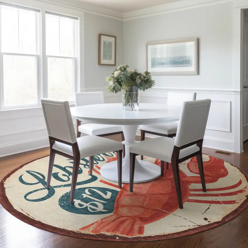 8' Beige Salmon And Brown Nautical Washable Round Rug With UV Protection Photo 5