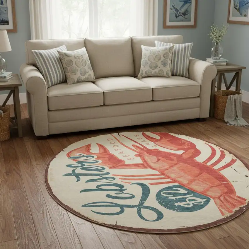 8' Beige Salmon And Brown Nautical Washable Round Rug With UV Protection Photo 1