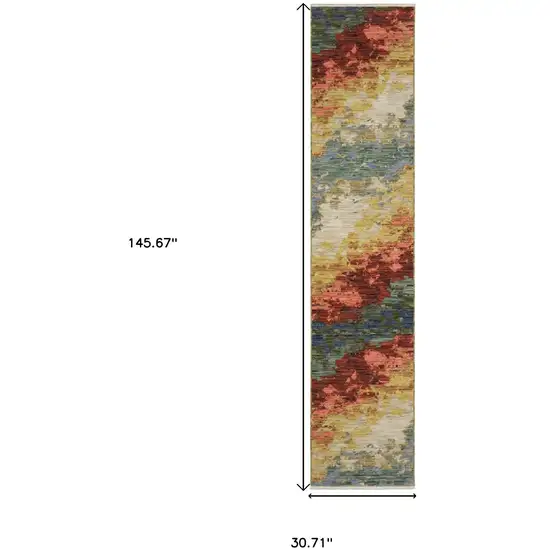 12' Beige Salmon And Yellow Abstract Runner Rug With Fringe Photo 3