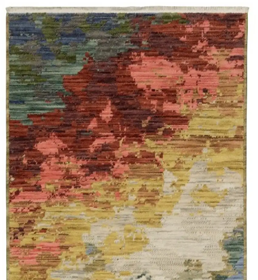 12' Beige Salmon And Yellow Abstract Runner Rug With Fringe Photo 6